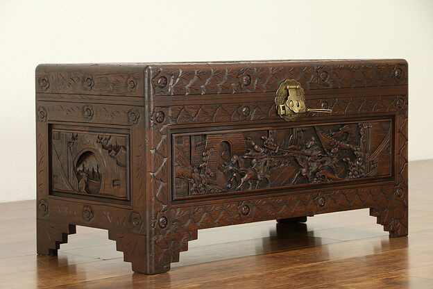 Chinese Carved Antique Camphor Wood Trunk, Dowry Chest or Coffee Table #32030 photo