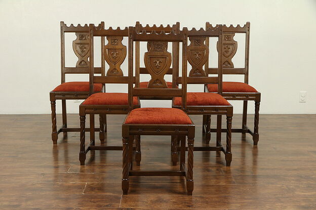 Set of 6  Antique Gothic Carved Oak Dining Chairs, New Upholstery #30537 photo