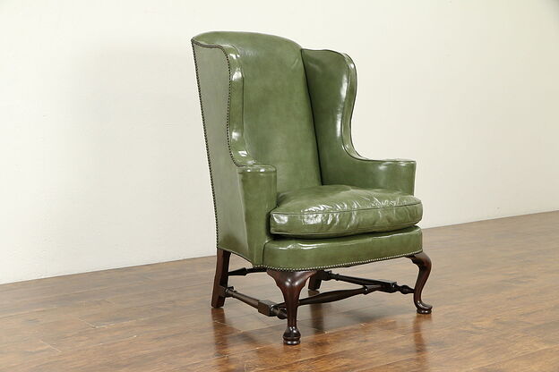 Leather Georgian Style Vintage Mahogany Wing Chair, Lo Nano, NY #30783 photo