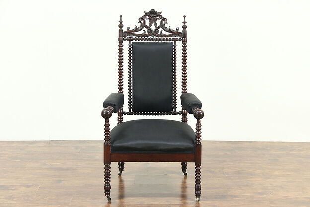Victorian Gothic 1860 Antique Spool Turned Walnut Chair, Black Upholstery photo