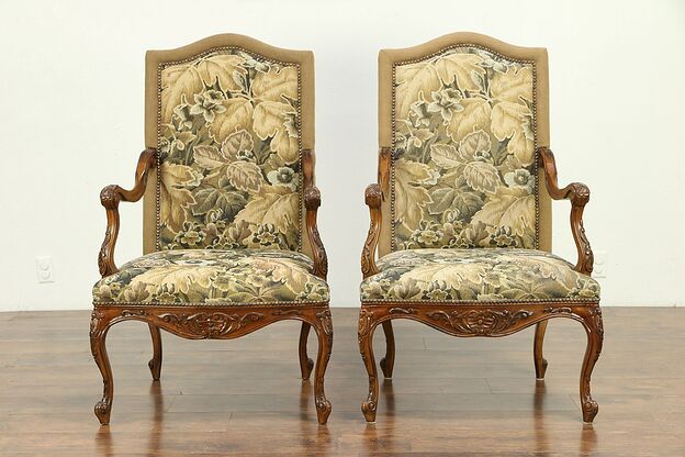 Pair of Vintage Traditional Tapestry Chairs, Carved Fruitwood  #30659 photo