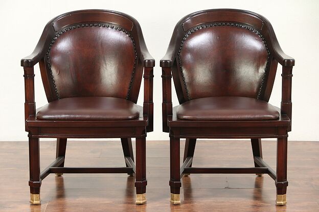 Pair of Antique Mahogany Banker, Desk or Office Chairs, Leather #29462 photo