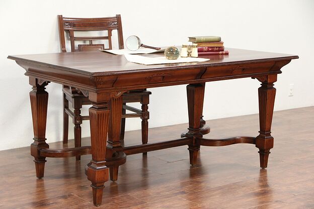Partner Desk or Carved Antique 1900 Library Table #29608 photo