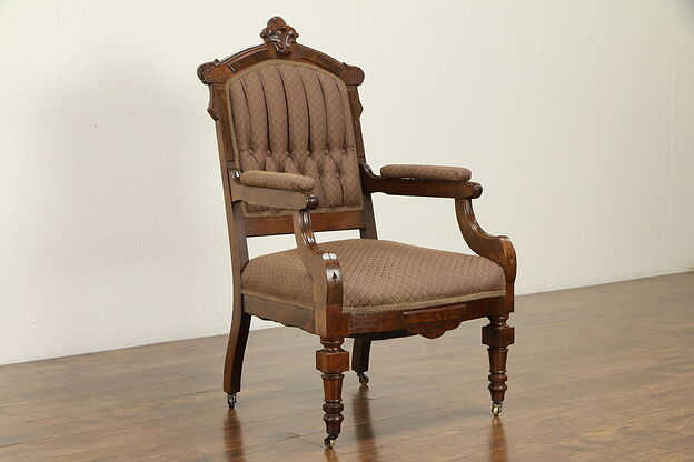Victorian Antique Walnut & Burl Chair, Tufted Upholstery  #31962 photo