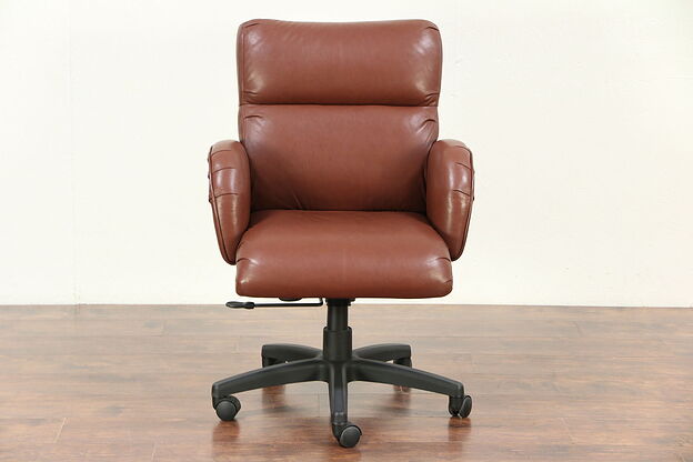 Ethan Allen Leather Swivel Adjustable Desk Chair, Wheels #29444 photo