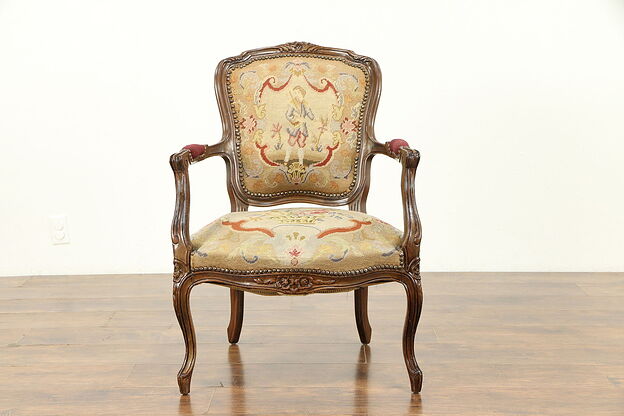 French 1920 Antique Carved Chair, Needlepoint & Petit Point Upholstery #31226 photo