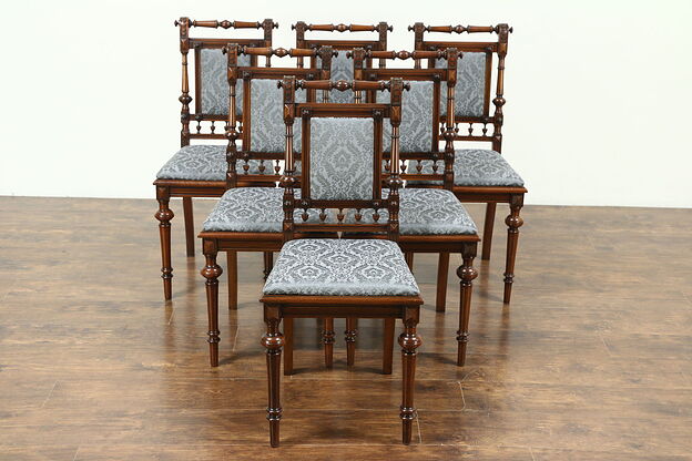 Victorian Renaissance Antique Set of 6 Walnut Dining Chairs, New Upholstery photo
