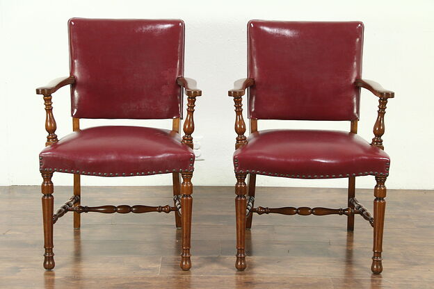 Pair of Carved Antique Walnut Office or Library Chairs, Burgundy Faux Leather photo