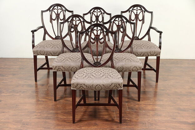 Set of 6 Vintage Shield Back Mahogany Dining Chairs, New Upholstery  #29752 photo