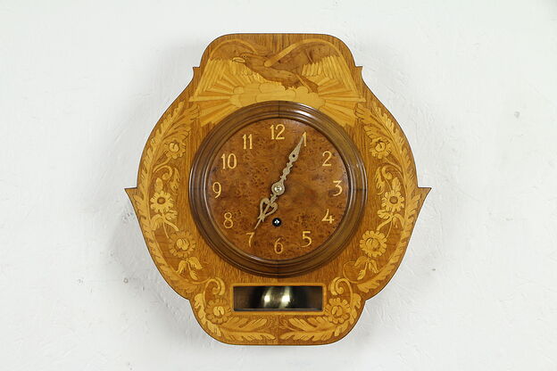 Swedish Vintage Wall Clock, Bird Marquetry, Signed Mjolby Intarsia photo