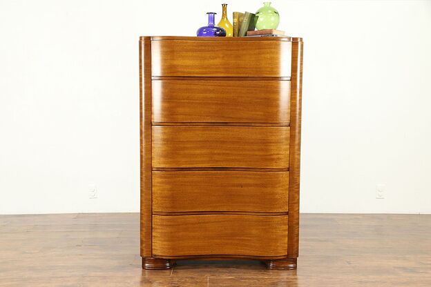 Midcentury Modern 1950 Vintage Wave Front Mahogany Tall Chest, Joerns #30903 photo