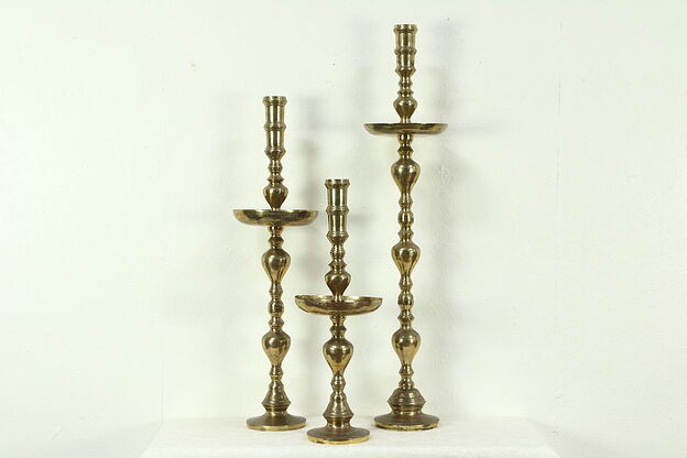 Set of 3 Giant Brass Vintage; Pillar Candlesticks, 30" to 47", Thailand #28640 photo