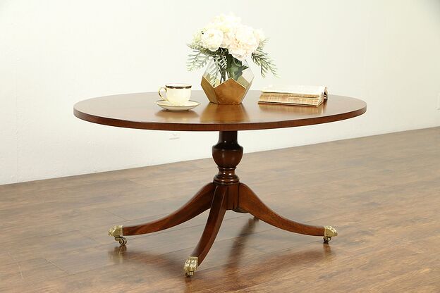 Oval Banded Mahogany Vintage Coffee Table, Brass Feet, Signed Kittinger #31084 photo