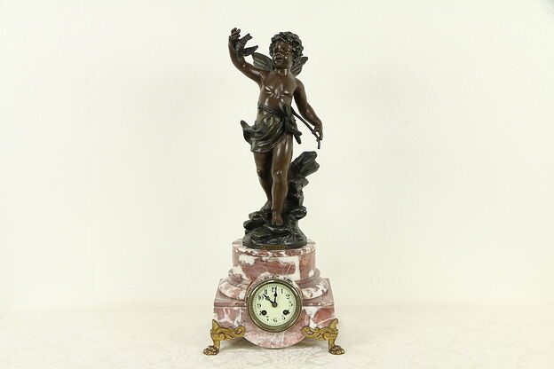 French Antique Marble Mantel Clock, Hunt Cherub Statue, Marti #31743 photo
