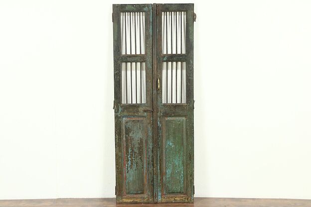India Antique Architectural Salvage Pair 14" Green Doors, Iron Bars Wine Cellar photo