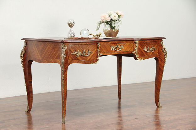French Louis XIV Style Antique Tulipwood Library Desk, Brass Mounts #29979 photo