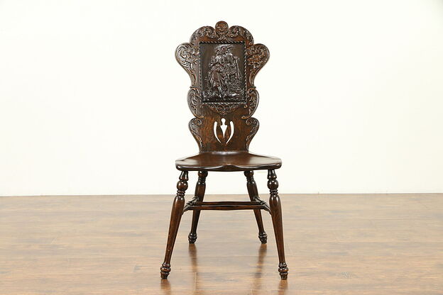 Oak 1900 Antique Chair, Embossed Leather Courting Couple Panel, Phoenix #31189 photo