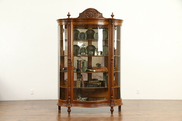 Victorian Carved Oak Antique 1900 Curved Glass China or Curio Cabinet #31573 photo