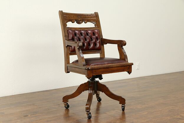 Victorian Eastlake Antique Swivel Adjustable Desk Chair, Leather #31729 photo