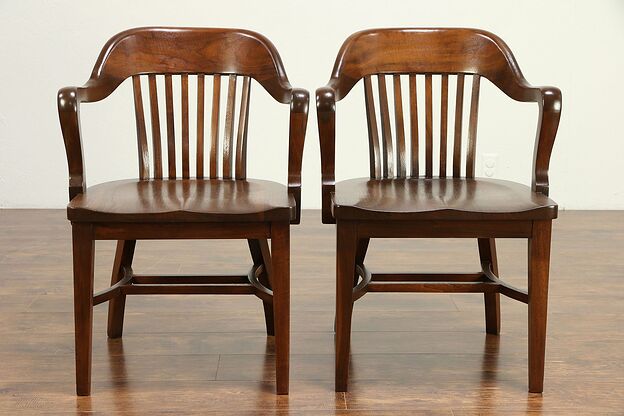 Pair of Walnut Antique Banker, Library or Office Chairs B  #30418 photo