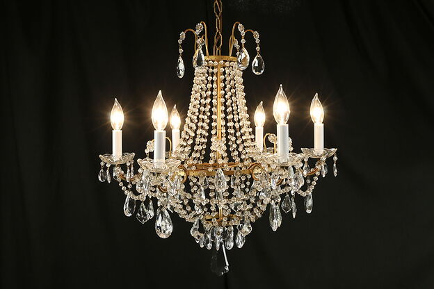 Regency Style vintage Chandelier, 6 Candles, Cut Crystal Prisms #30791 photo