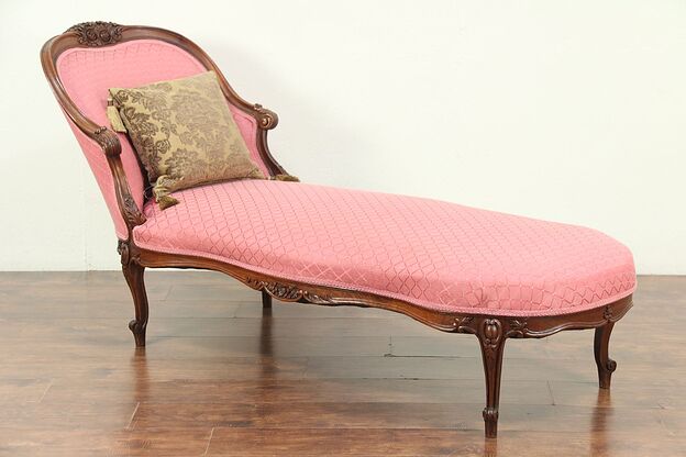 French Antique Carved Walnut Recamier Chaise Lounge, Recent Upholstery #29111 photo
