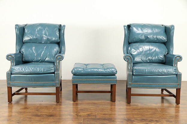 Pair of Leather Vintage Wing Chairs & Ottoman, Brass Nail Head Trim  #31117 photo