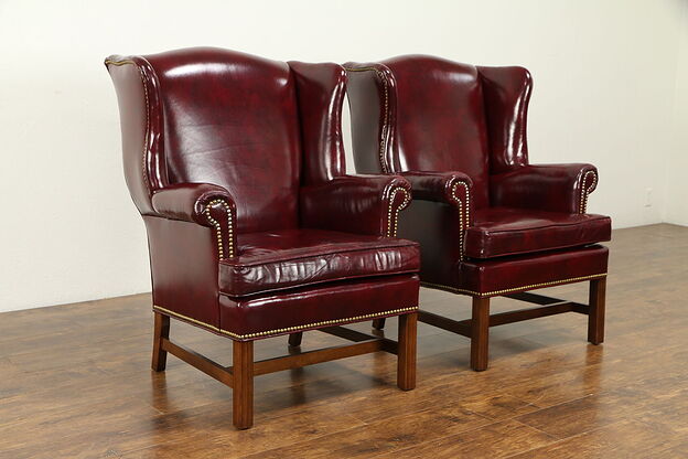 Traditional Vintage Leather Pair of Wing Chairs, McKinley by Hickory  #31486 photo