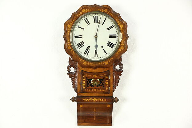 Wall Clock, 1870 Antique Dutch Walnut & Marquetry, Strikes Hour photo