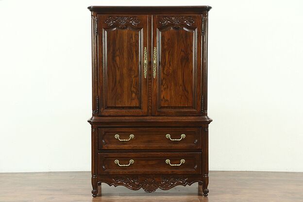 Country French Vintage Oak Tall Chest, Armoire, Chifferobe signed Hickory #28618 photo