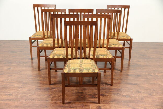 Set of 8 Oak Craftsman or Prairie Style Dining Chairs, New Upholstery #29603 photo