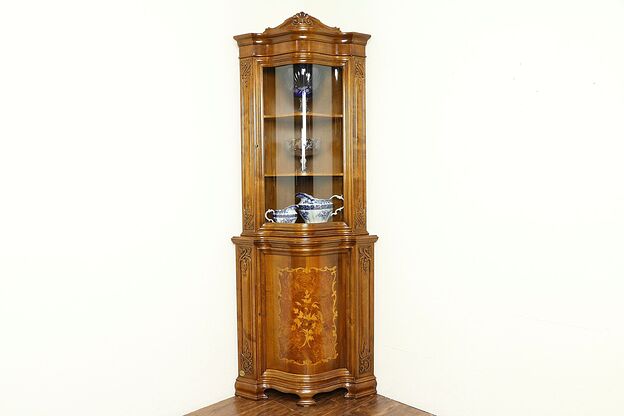Curved Glass & Marquetry Vintage Corner Curio Cabinet, Signed Italian #31355 photo