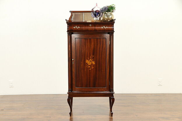 Art Nouveau Antique Mahogany Music or Drawing Cabinet, Beveled Mirror #31805 photo