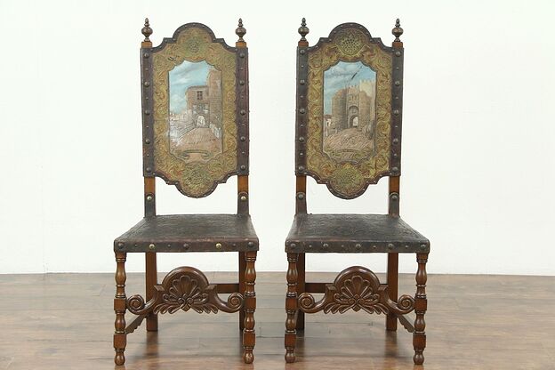 Pair Antique Leather Chairs, Hand Painted Gates Toledo & Segovia Spain #28754 photo