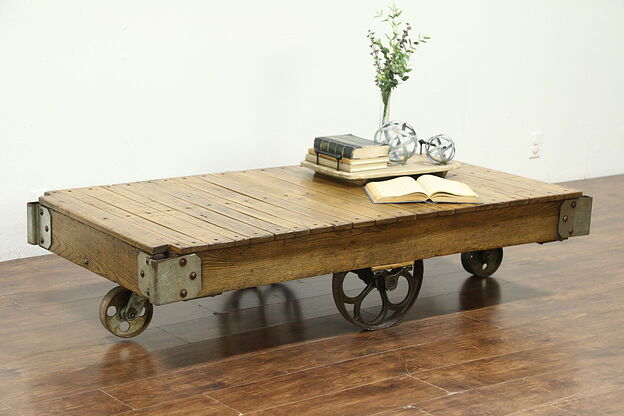 Industrial 1900's Antique Oak Railroad Cart or Coffee Table, Iron Wheels #28858 photo