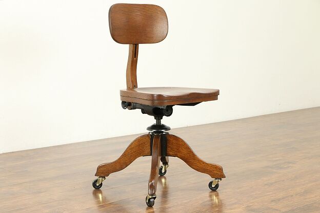 Swivel Quarter Sawn Oak 1925 Antique Desk Chair, Adjustable, Johnson #30955 photo