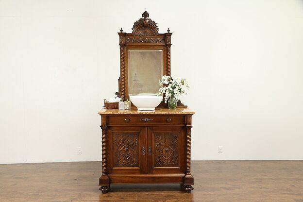 French Antique Carved Walnut Chest,Sideboard, Sink Vanity Marble & Mirror #31423 photo