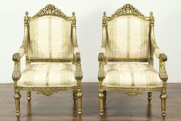 Pair of Carved Vintage Arm Chairs, Distressed Gold Finish photo