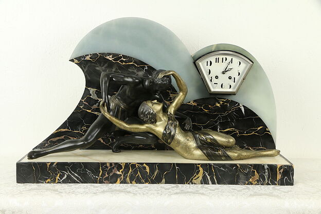 French Art Deco Antique Marble Clock, Kissing Couple Sculpture #31698 photo