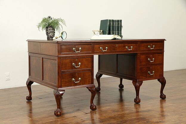 Georgian Style Antique English Mahogany Library Desk, Leather Top #31726 photo