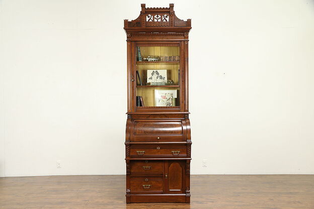Victorian Eastlake Antique Cylinder Roll Top Secretary Desk & Bookcase #30949 photo