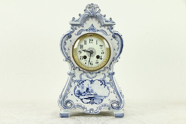 Delft Blue Hand Painted Porcelain 1890 Antique Clock, Rhein #31265 photo