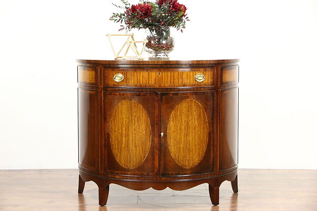 Demilune Half Round Vintage Rosewood Banded Hall Console Cabinet, Heritage photo