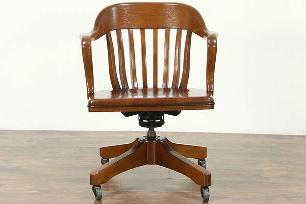 Oak Swivel Vintage Library or Office Desk Chair, Adjustable Height  & Tilt photo