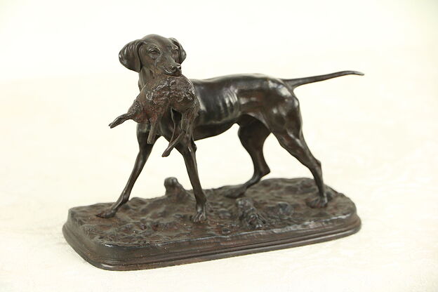 Hunting Dog & Rabbit, Antique French Bronze Sculpture Signed P. J. Mene  #29742 photo