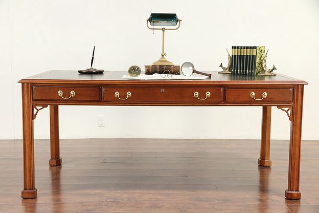 Cherry Vintage Library Writing Desk, Tooled Leather, Signed Harden #30034 photo