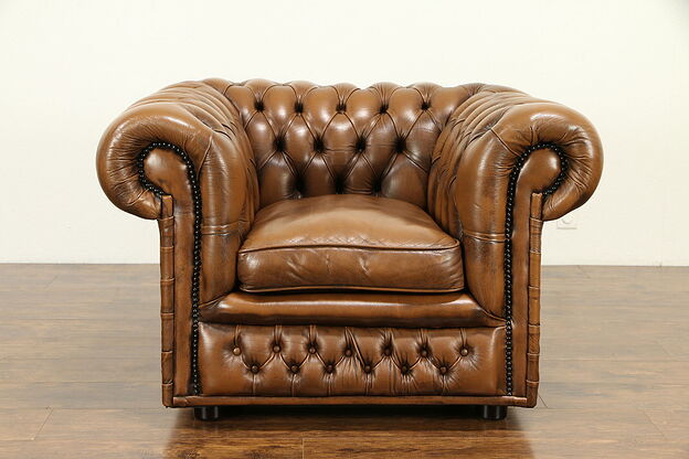 Chesterfield Tufted Brown Leather Vintage Scandinavian Club Chair #31751 photo
