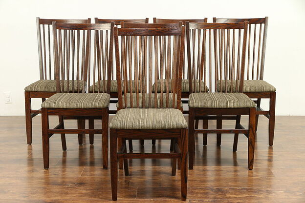 Set of 8 Oak Dining Chairs, New Upholstery, Signed Dinaire 2006 #30435 photo