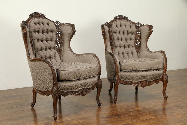 Pair of Music Room Wing Chairs, Carved Figures, New Upholstery #31775 photo