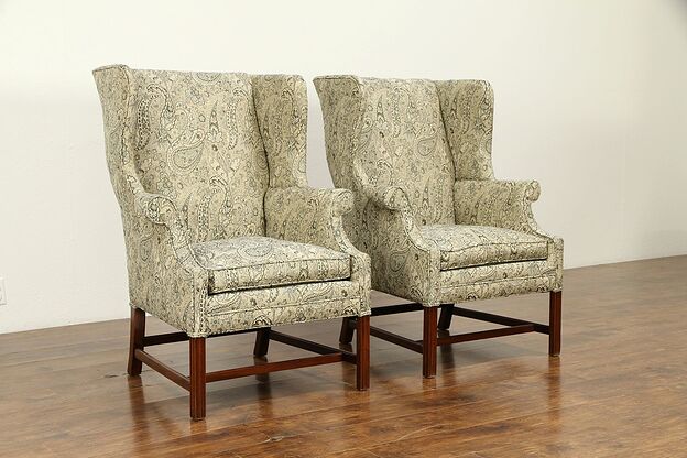 Pair of Vintage Mahogany Wing Chairs, New Upholstery #31772 photo